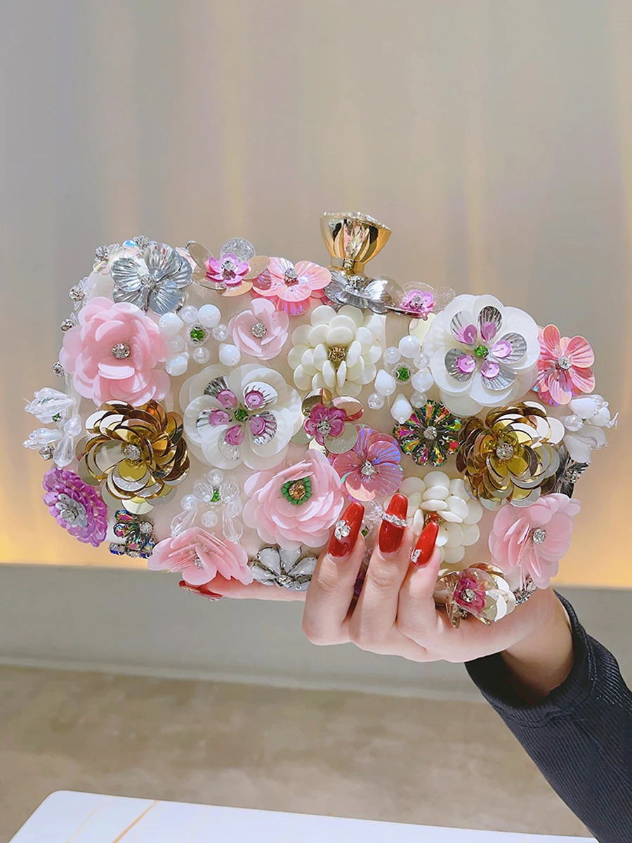 3D bead flower evening bag elegant box clutch wallet party dance womens wedding handbag 240806Z