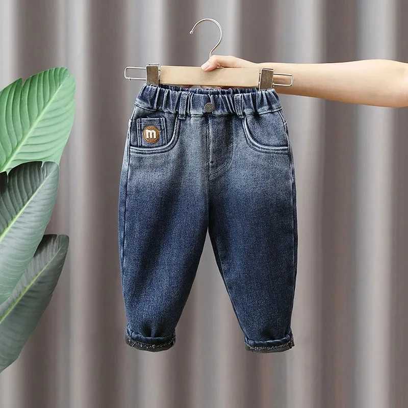 Jeans Autumn and Winter Childrens Pants Thickened and Plushed Jeans 2023 Winter New Boys Pants Casual Kids Baby Trousers