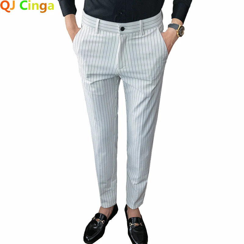 White Vertical Stripes Suit Pants Men Blue Black Trousers Fashion Slim Mens Pant Business Pantalones Hombre Autumn Slacks 240806