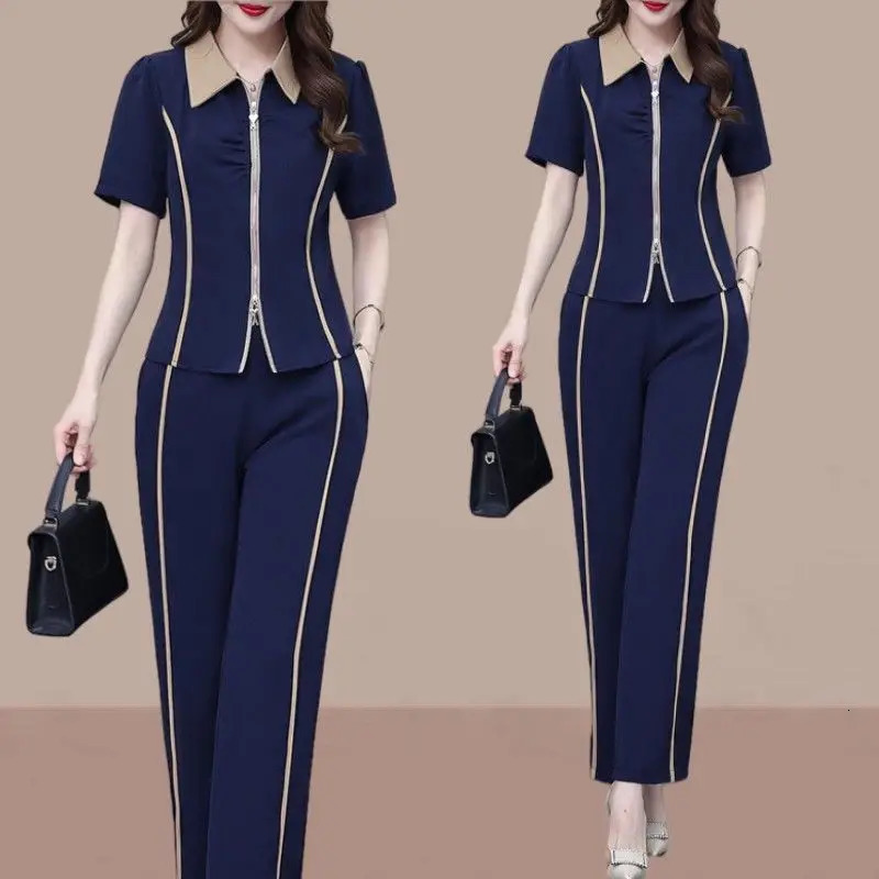 Fashion and Sports Womens Set Korean Edition Loose and Slimming Style Polo Neck Short Sleeve Two Piece Set 240807