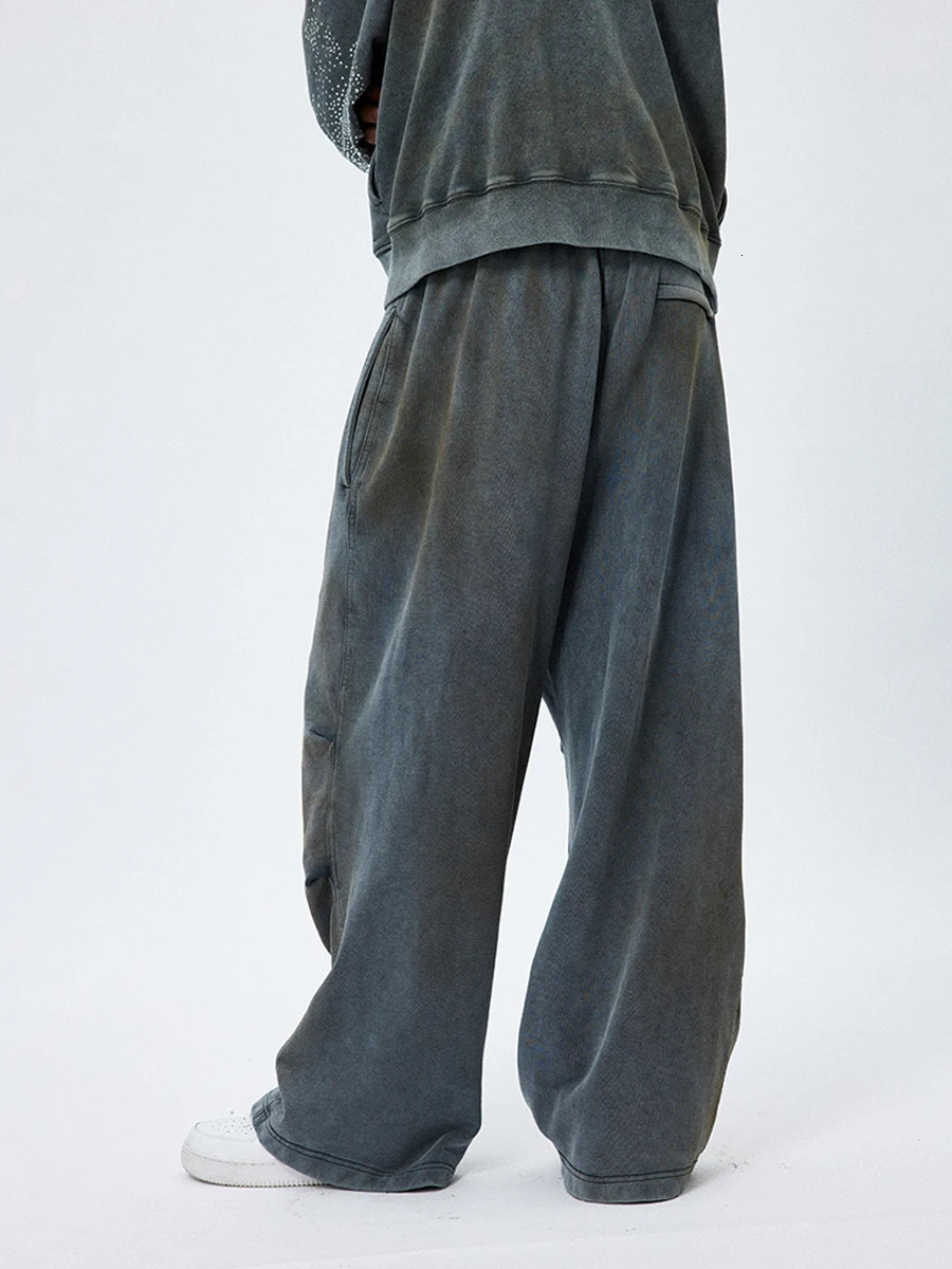 Style Retro Hip Hop Wash Made Of Old Mud Dye Drawstring Wide Leg Casual Pants Loose Sweatpants Man 240806