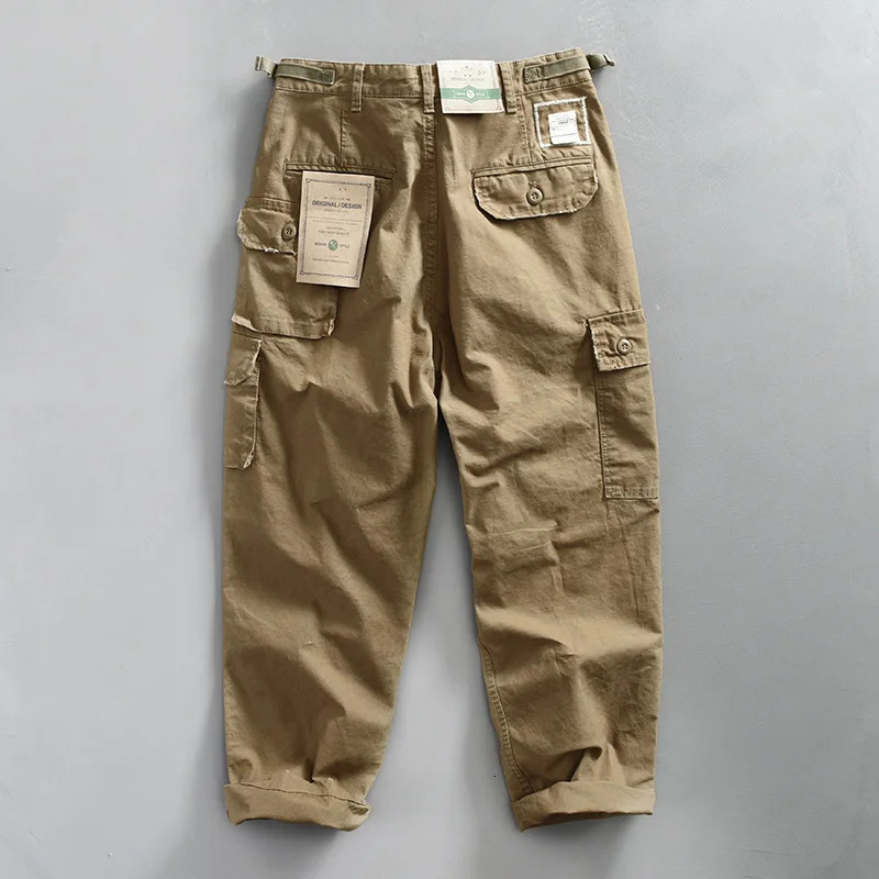 Buckle Back Waist Retro Multi Pockets Workwear Pants Mens Cotton Loose Straight Versatile Casual Distressed Washed Trousers 240806