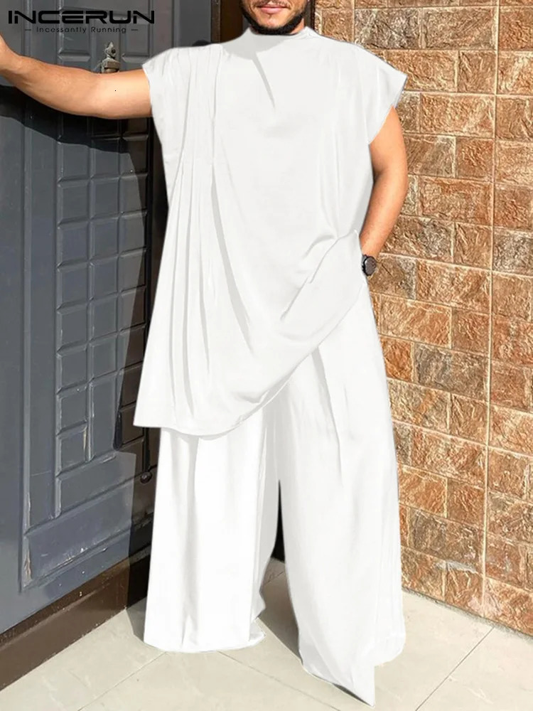 INCERUN Mens Muslim Clothing O-neck Short sleeved T-shirt and Wide Leg Pants Two Solid Bag Mens Casual Set 7240806