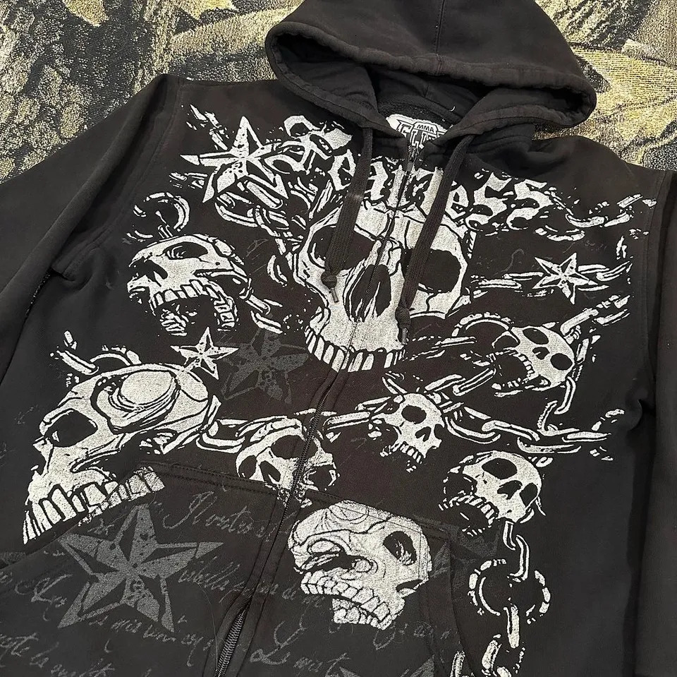Y2k Pullover Hoodie Long Sleeved Oversize Vintage 90s Dark Skull Print Top Streetwear High Street Punk Clothing Top Sweatshirt 240807