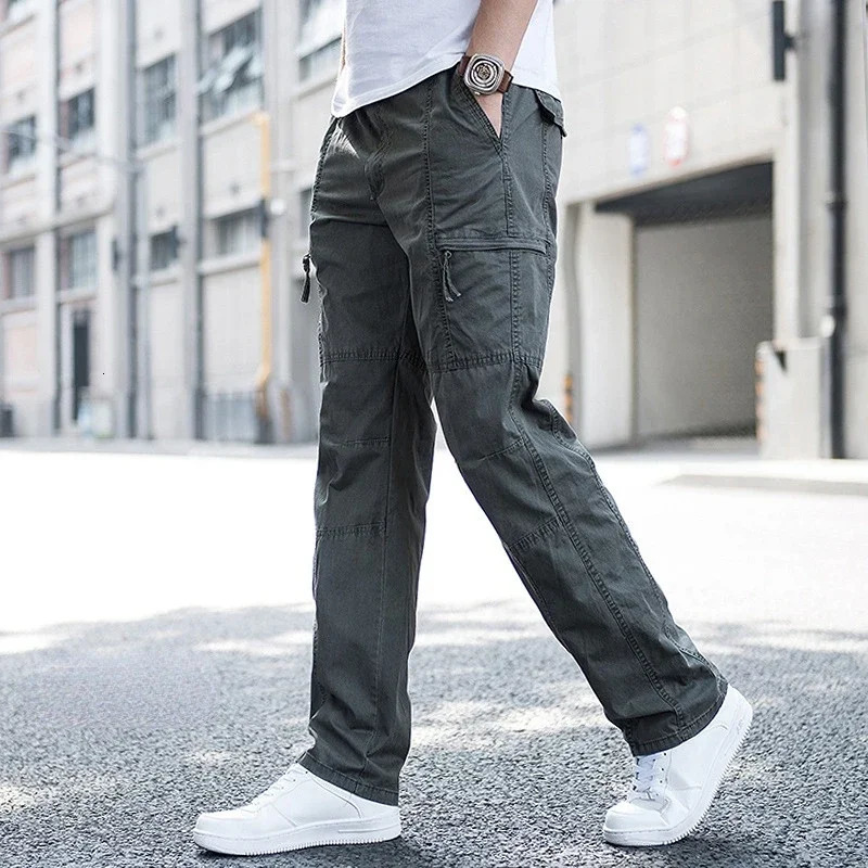 Big Size Mens Cargo Trousers Straight Leg Work Pant Men Loose Fit Summer Wide Overalls Male Side Multi Pocket Large 240806