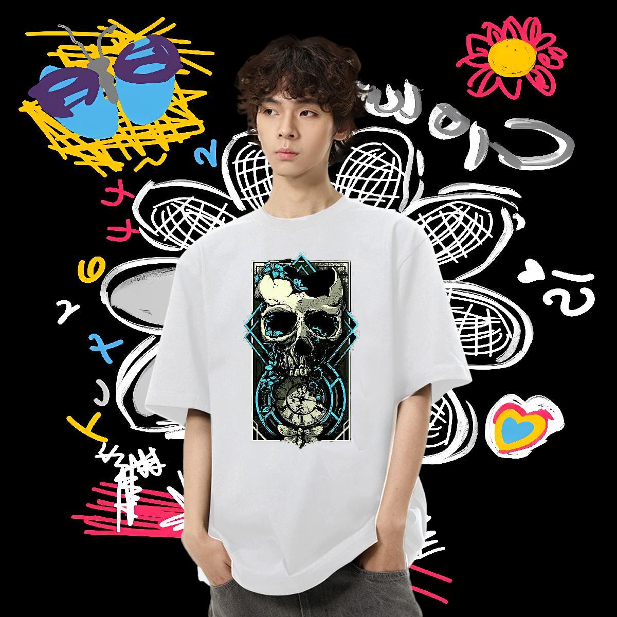 Fashion Casual Man T Shirts skull Tshirts 230g Pure Cotton Sports Casual Classic DIY Anime O Neck Short Sleeves Men Tees