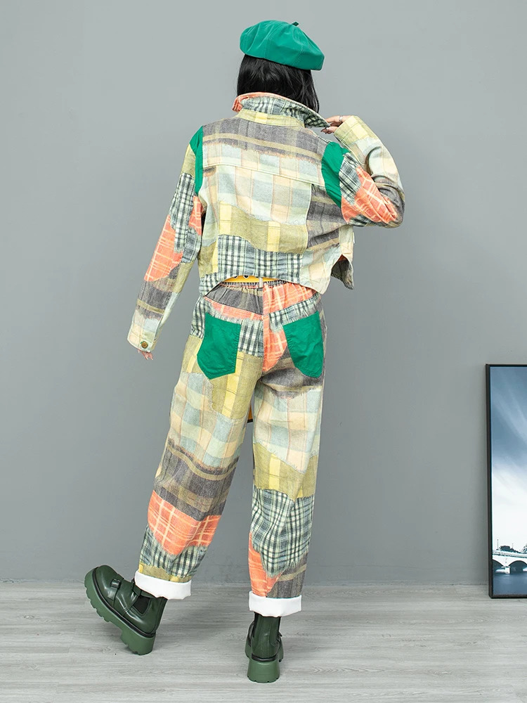 Sweet Cool Contrasting Printed Denim Long Sleeved Suit Collar Jacket Harem Pant Two Piece Set Women Autumn LX1852 240807