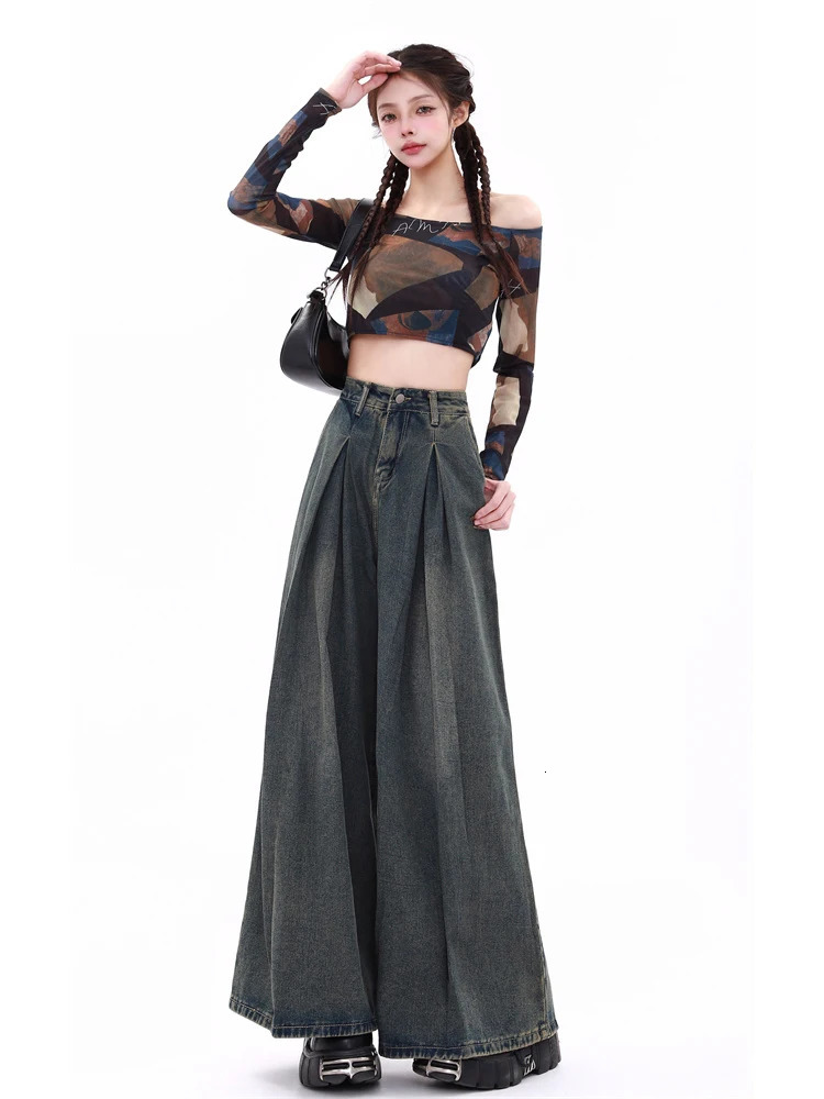 Summer Women Korean Fashion Flare Pleated Mom Jean Y2k Japanese Bell Bottoms Denim Pants Long Trousers 2000s Kpop Goblin Core 240807