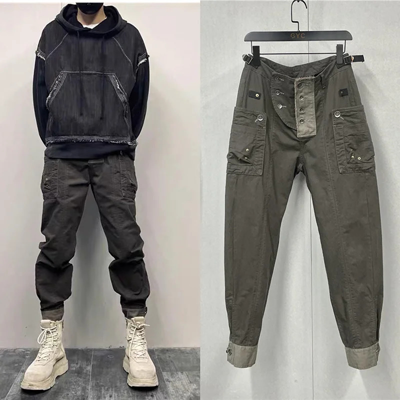 Vintage Washed Casual Cargo Pants Spliced Pockets Workwear Trendy Military Safari Style Leggings Mens Trousers 240806