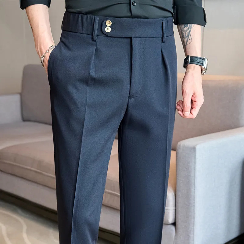Suit Pants For Men High Quality Elastic Waist Slim Fit Mens Dress AllMatch Full Length Business Formal Wear Trousers 240806