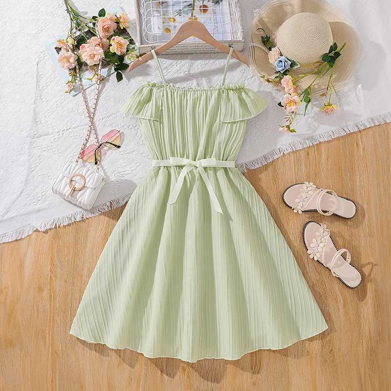 2024 new summer girls slip dress with lace green shoulder flower belt fashionable and cute casual princess dress for children aged 8-12W240720