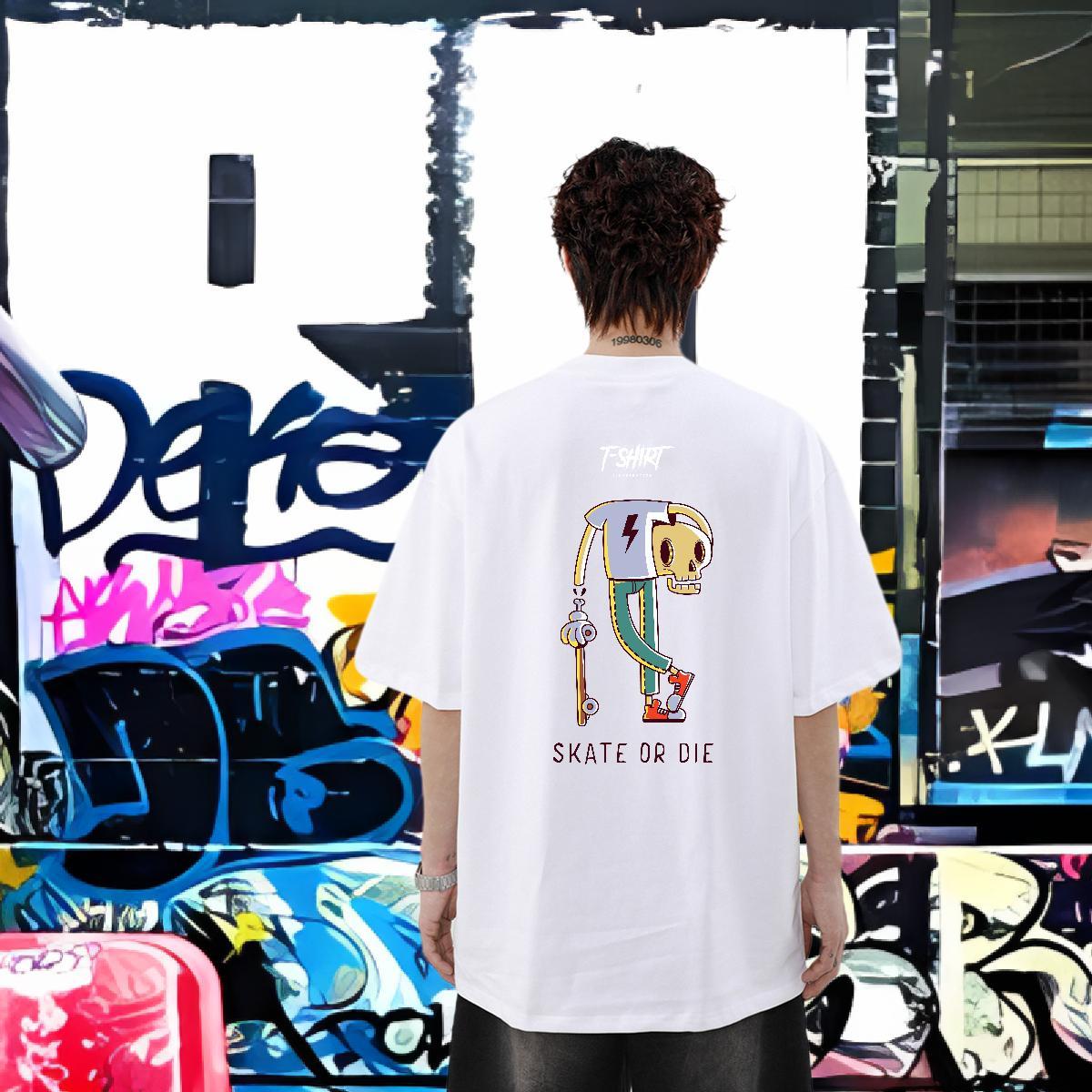 Classic Mens T Shirts skull Tops 230g Pure Cotton Street Wear Soft Custom Printed Breathable Crew Neck Tshirt for Man Woman