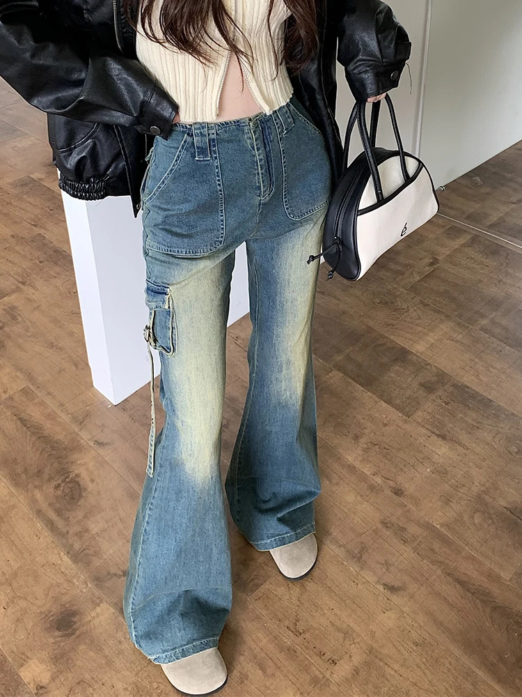 Women Korean Vintage High Waist Denim Pants Kpop Flare Jeans Gyaru Bell Bottom Jeans 2000s Aesthetic Grunge Y2k Streetwear Punk 240807
