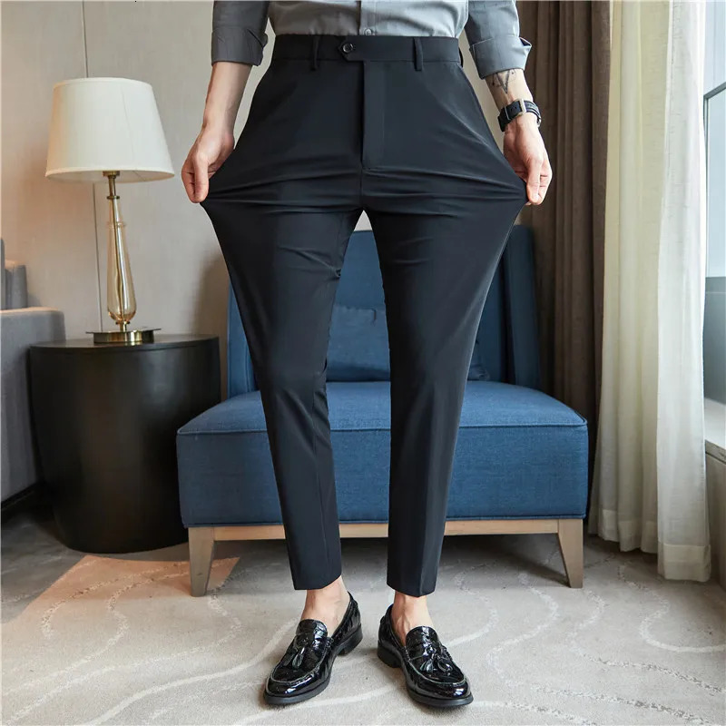High Elastic Men Pants Summer Thin Fashion Casual Suit Mens Business Formal Straight Sleeve Trousers Plus Size 2838 240806