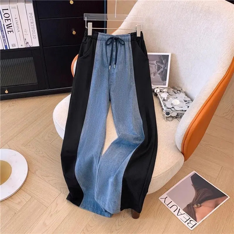 Casual Pant Sets Denim Splicing 2 Pieces Set Summer Polo Collar Zipper Tops High Waist Wide Leg Trousers Women Clothing Suit 240807