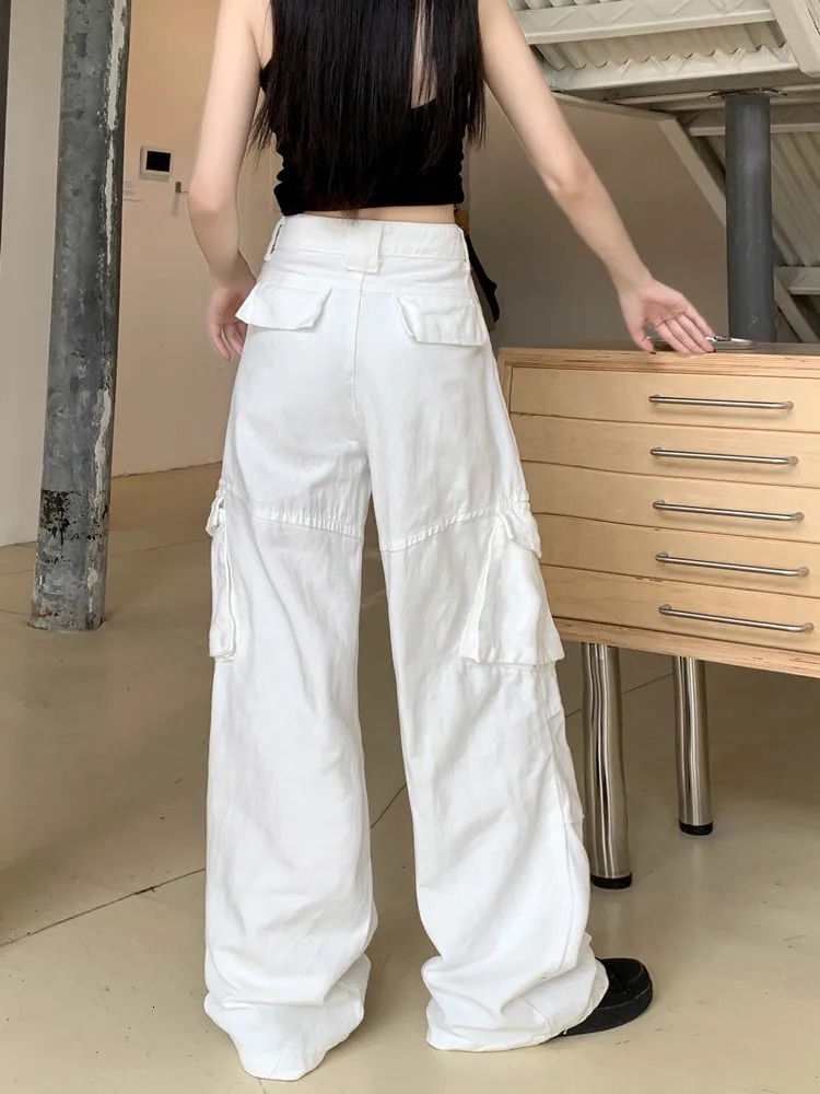 Cyber Y2K Fashion White Pleated Baggy Jeans Cargo Pants Women Clothes Multi Pockets Straight Wide Leg Lady Trousers 240807