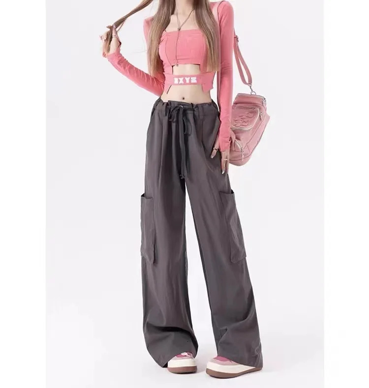 Big Pockets Cargo Women Streetwear Joggers Female High Waist Wide Leg Pants Casual Girl Retro Vintage Drawstring Trousers Z260312