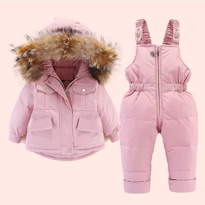 2-piece childrens winter down jacket and jumpsuit baby thick jacket girls jacket warm real fur collar boys snow jacket 0-4Y X2411151