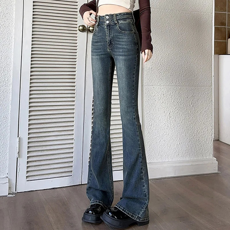 Woman High Waist Oversized Flare Jeans Lady Vintage Elastic Slim Fit Denim Bell Bottom Pants Female Y2k Black Blue Trousers 240807
