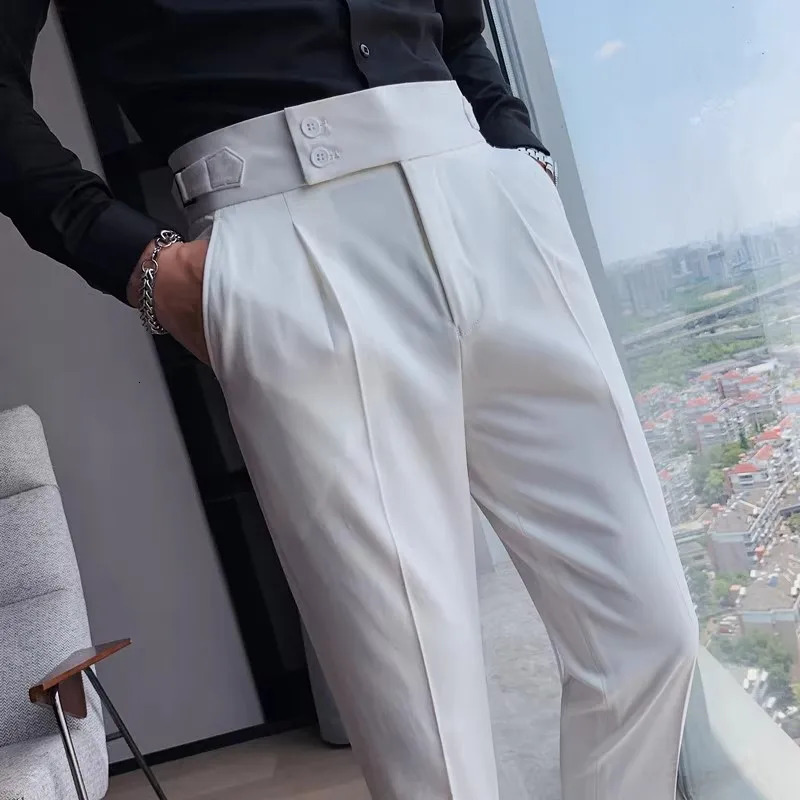 Autumn England Style High Waist Suit Pants Men Solid Quality Slim Fit Business Casual Trousers Formal 240806