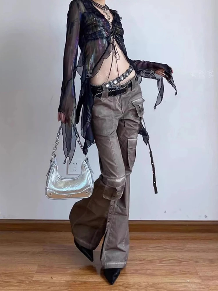 American Vintage Bell Bottom Jeans Women Y2k Grunge High Waist Flare Pants Spring Pocket Loose Wide Leg 240807