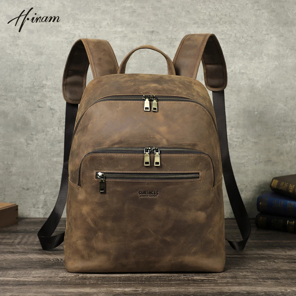 Vintage genuine denim leather mens backpack travel camping business school office large capacity laptop bag 240807