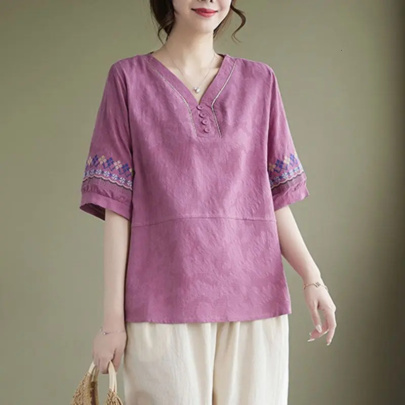 Women Summer Vintage Fashion Loose Solid Color Cotton and Linen V-neck Short Sleeve T-Shirt Ladies All-match Pants Tops Suit 240807
