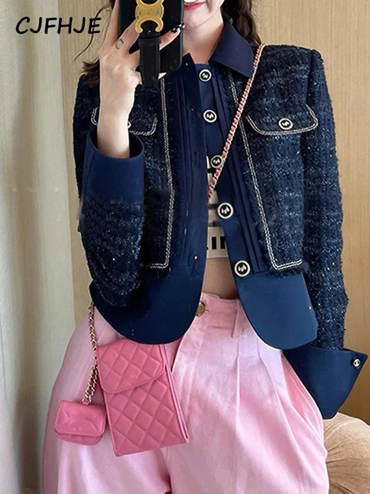 CJFHJE Yellow Tweed Jacket Coat Women Korean Fashion Sweet Woolen Short Coats Autumn Winter Vintage Elegant Lady Outwear Jackets 240806
