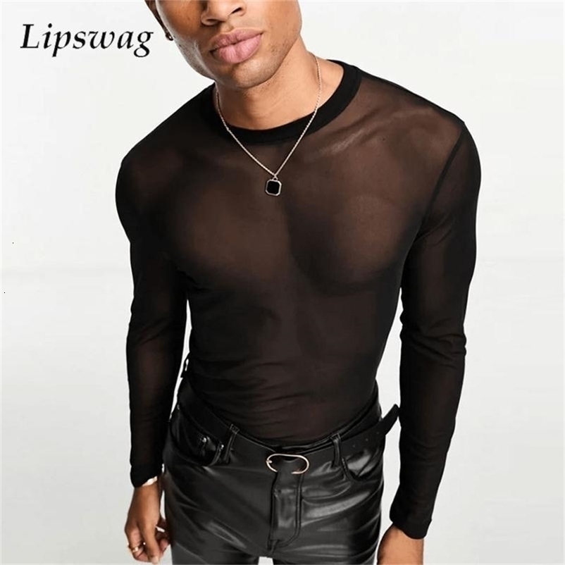 Spring Mens Mesh T-shirts Sexy See Through Thin Tops Party Fashion Men Clothes O Neck Long Sleeve Transparent T Shirt 240806CJ