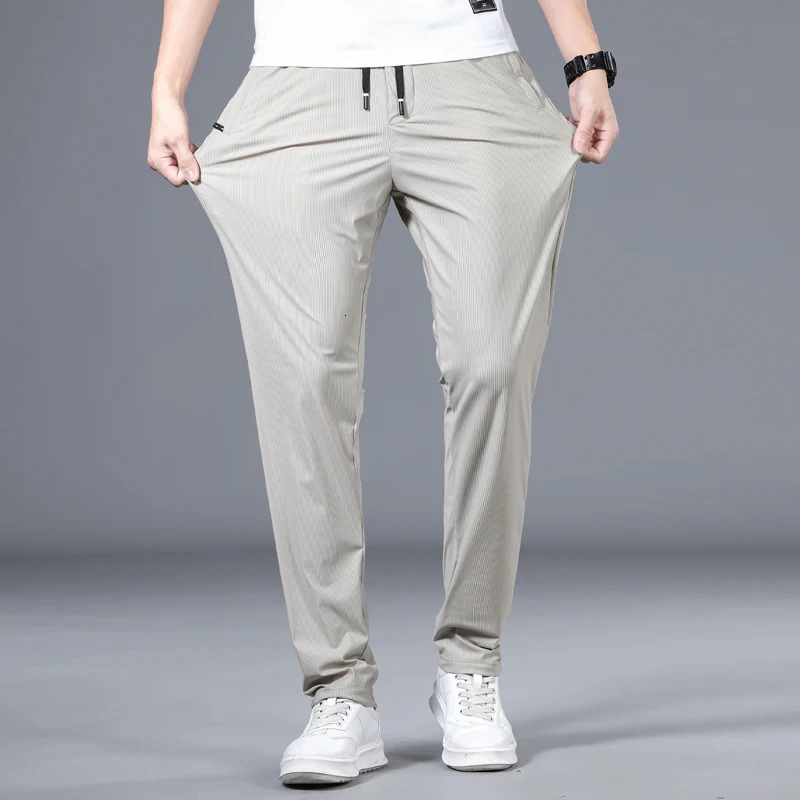 High Elastic Mens Pants Summer Thin Striped Straight Trousers Casual Soft Classic Solid Color Baggy Male Clothes Business Pant 240806