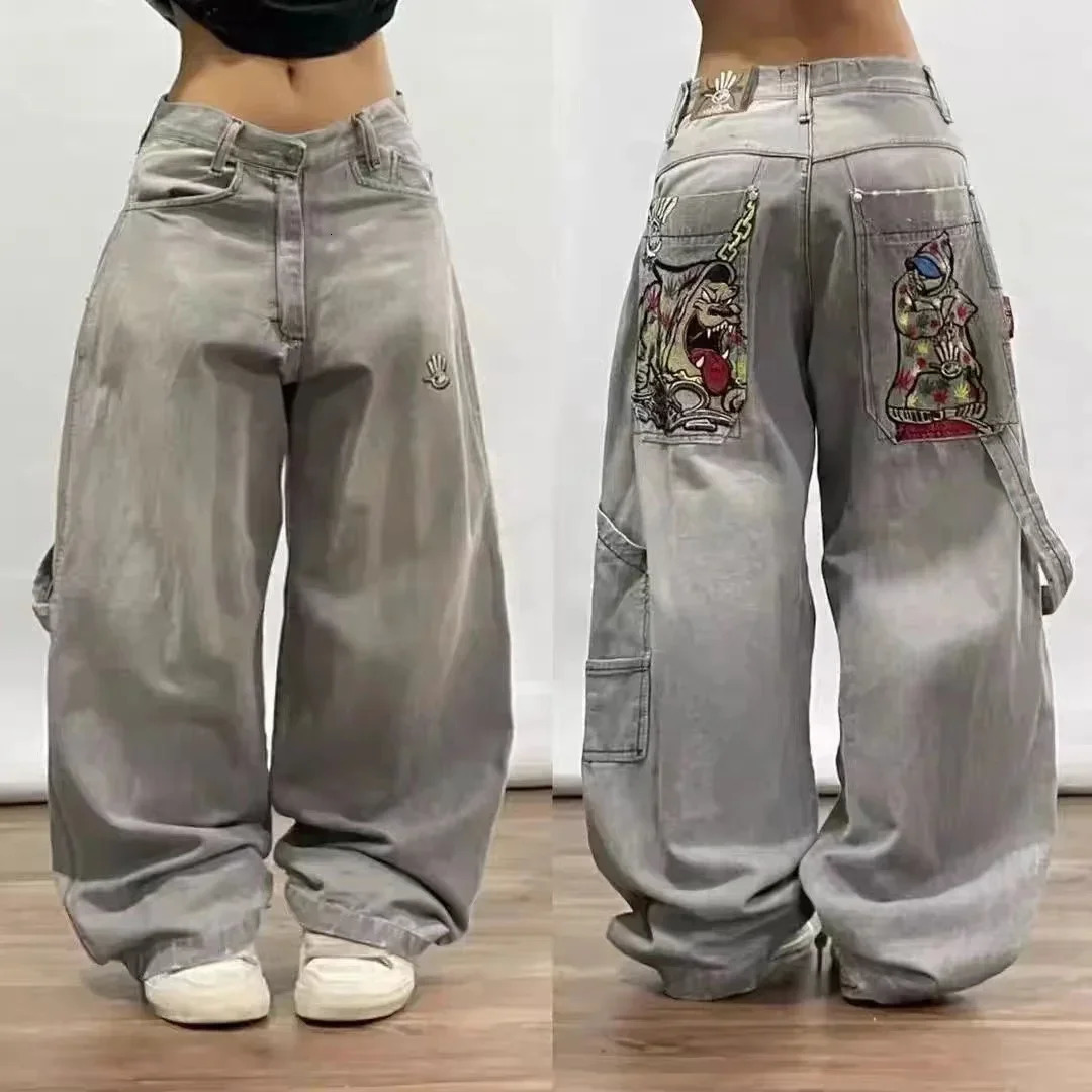American Harajuku Retro Y2K Oversized Loose Jeans Antarctic Fashion Wing Pattern Gothic High Waisted Wide Leg Pants 240807