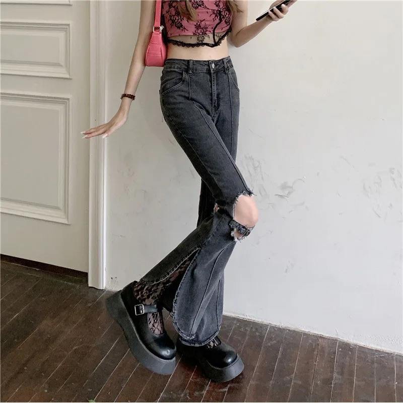 Women Street Ripped Flare Jeans Y2k Baggy Wide Lege Blue Denim Pants Vintage Streetwear High Waist Gray Bell Bottoms 240807