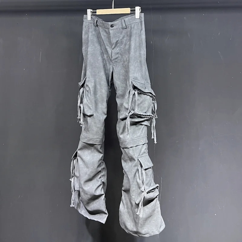 PFHQ Mens PU Washed Cargo Pants Streetwear Multi Pockets Avantgarde Pioneer Techwear Abstraction Autumn Trousers 21Z3141 240806