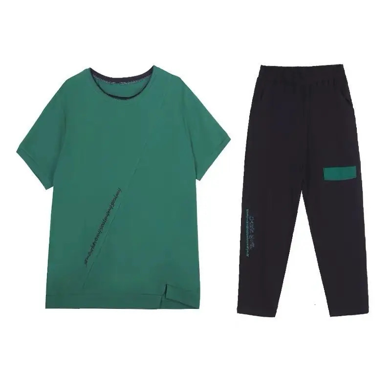 One-Piece/Set Women Summer Cotton T-Shirt Top Two-Piece Casual Sports Suit Female Loose Nine-Point Pants L773 240807