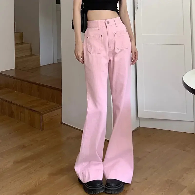 Summer With Pockets Pants for Woman Pink Womens Jeans High Waist S Flared Bell Bottom Straight Leg Flare Trousers 2000s Y2k 240807