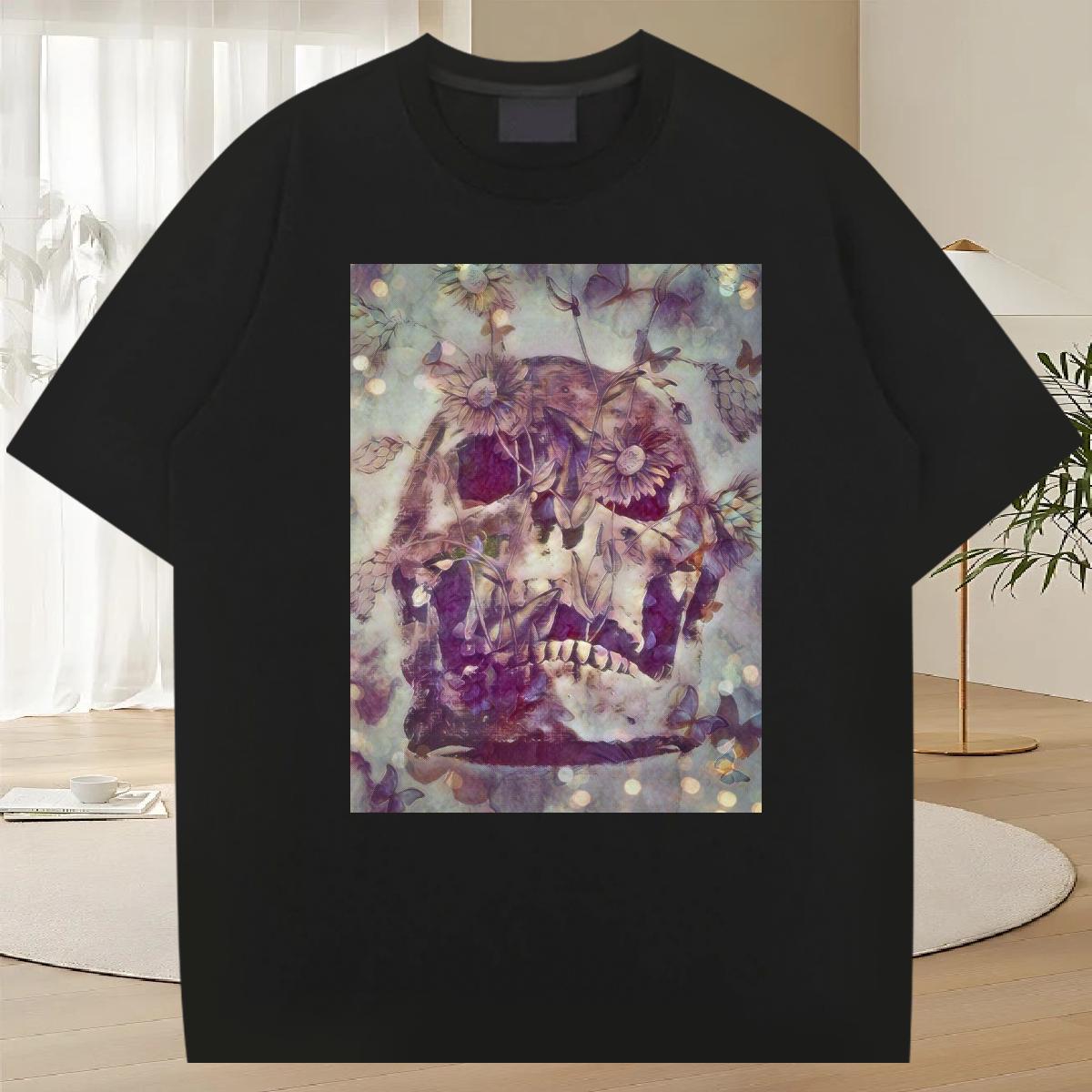 Fashion T shirt skull Top Tees 230g Pure Cotton Street Casual Loose DIY Anime Breathable Men Tees