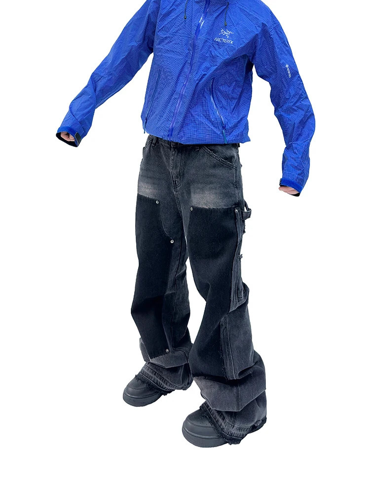 Techwear Style Niche Design Washed Distressed Rivet Destroyed Tassel Womens Lightly Flared Overalls Pocket Jeans Men Pants 240806