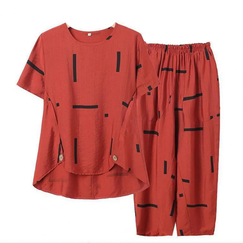 Wide Leg Harem Pants Outfit Casual O-Neck Short Sleeve Irregular Hem Pockets Top Pants Set Mid-aged Women Printing Streetwear 240807