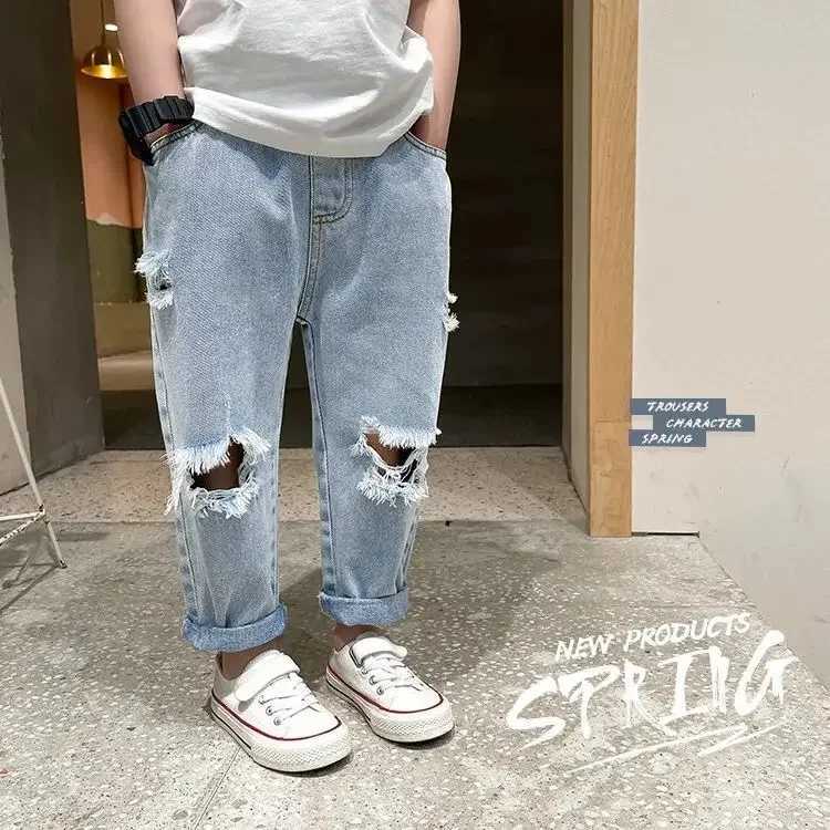 Jeans 90-140cm Fashion Autumn Summer Kids Hole Trousers Children Boy Handsome Torn Patch Jeans Girls Pants Worn Jeans for Loose