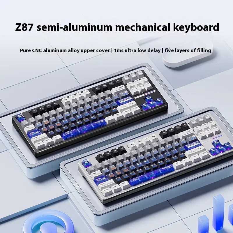 ATK Z87 Mechanical Keyboard Three Mode Semi-aluminum E-Sport Wirelesss Gaming Keyboard Hot Swap Gasket RGB Pc Gamer Office GiftsM240715