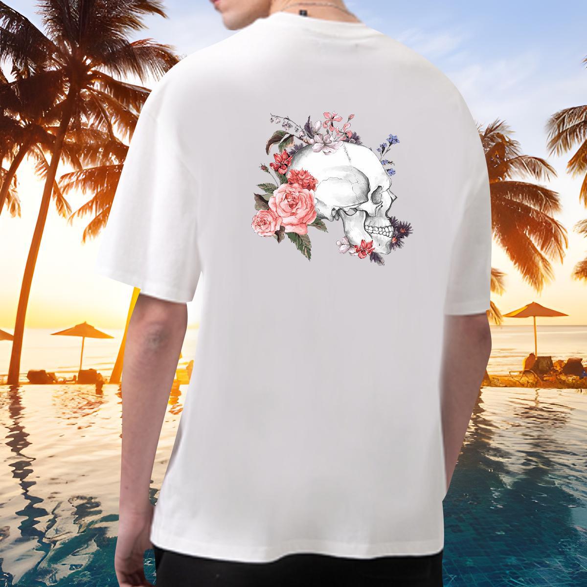 Fashion New T Shirt For Man flower Clothings 230g Pure Cotton Street Casual Cool Skull Breathable Men Tshirts