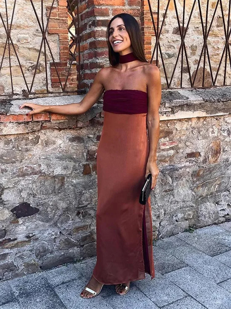 Elegant Ribbon Patchwork Strapless Maxi Dress Women Sexy Off Shoulder Backless Split Long Robe Summer Chic Lady Party Streetwear 240808