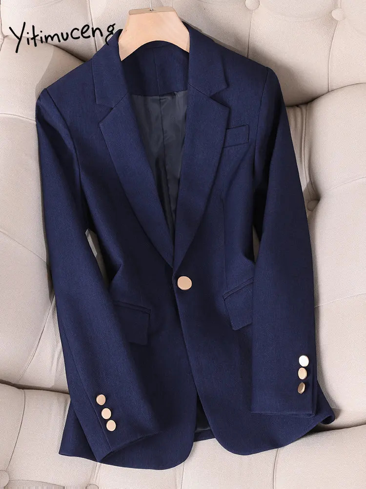 Yitimuceng Solid Blazers for Women Fashion Office Lady Single Button Spring Coat Chic Elegant Slim Long Sleeves Blazers 240808