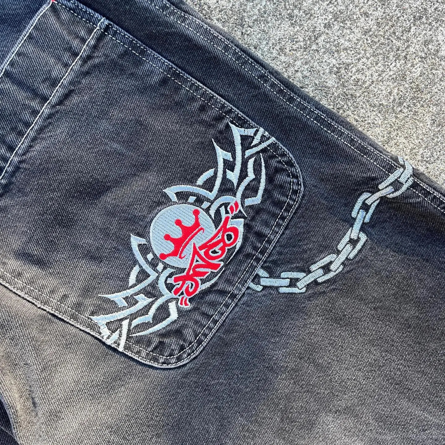 JNCO Chain Embroidery Y2K Vintage Men Jeans Fashion Washed Casual Wide Leg Denim Pants Hip Hop Punk Baggy Trousers Streetwear 240809
