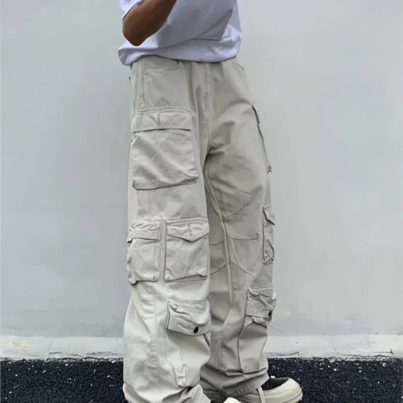 Spring Cargo pants Rice White Multi-pockets Overalls Harajuku stays Men Loose Casual Trousers Straight Mopping Pants 240814