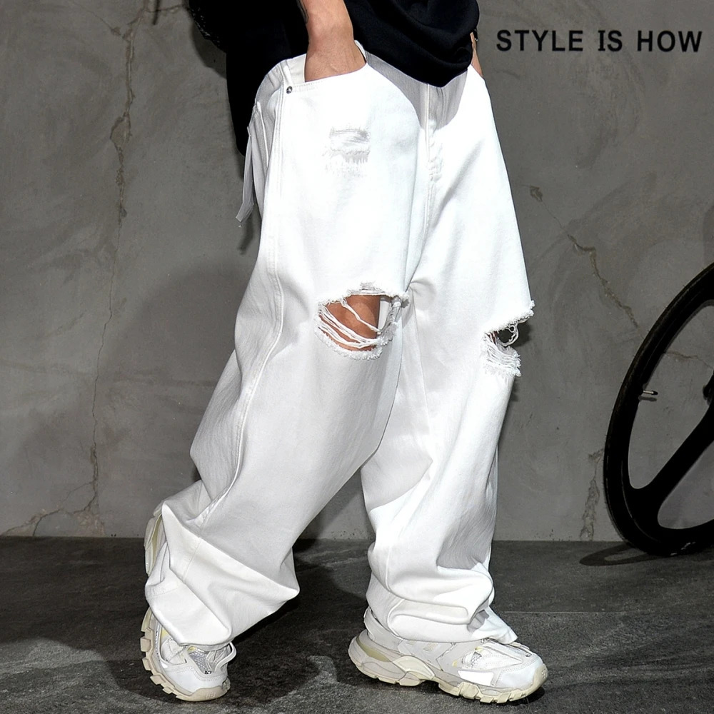 High Quality White Ripped Baggy Jeans MenS Clothing Korean Streetwear Hip Hop Skateboard Trousers Street Dance Denim Pants Male 240821