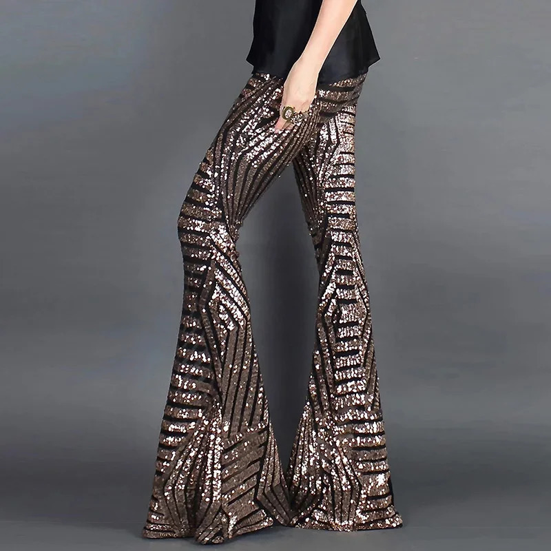 Sequin High Waist Skinny Flare Streetwear Wild Basic Slim Trend Patchwork Pants Casual Pants Summer Womens Pants 240808