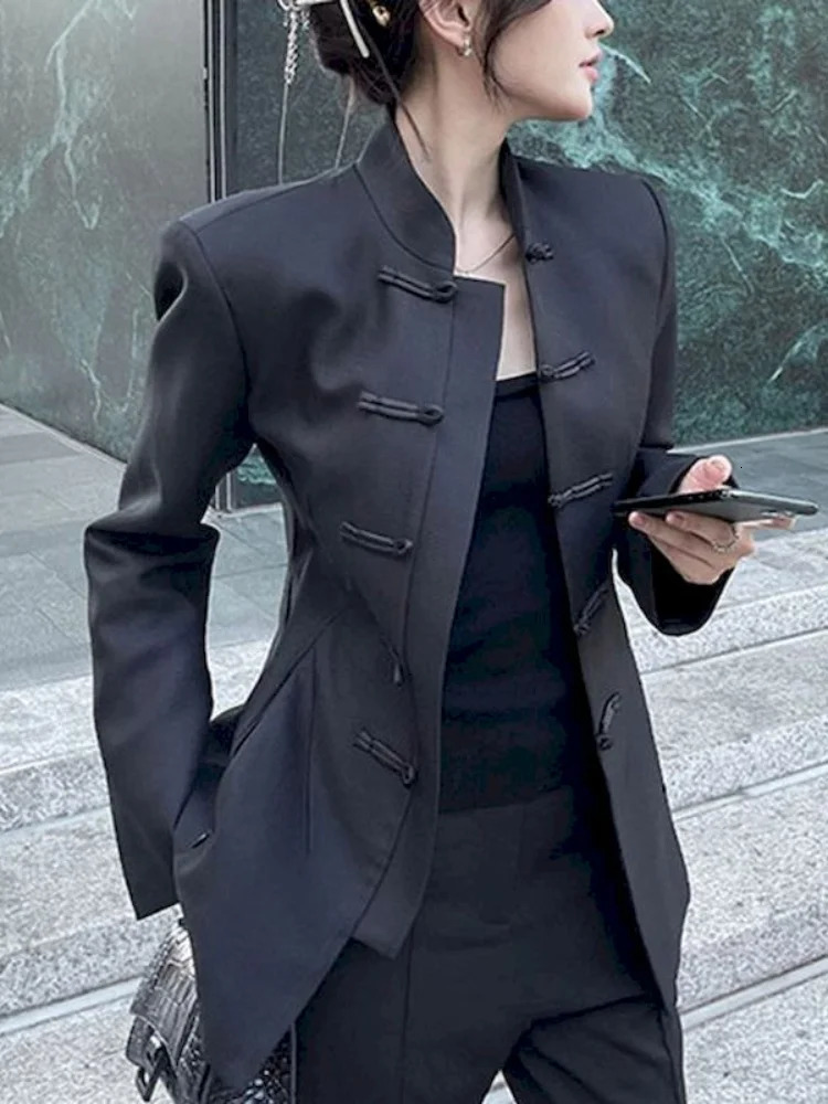 UNXX Chinese Style Stand Collar Black Blazers Tops Women Fashion Casual Blazer Vintage Fashion Loose Long Sleeve All Match Coats 240808