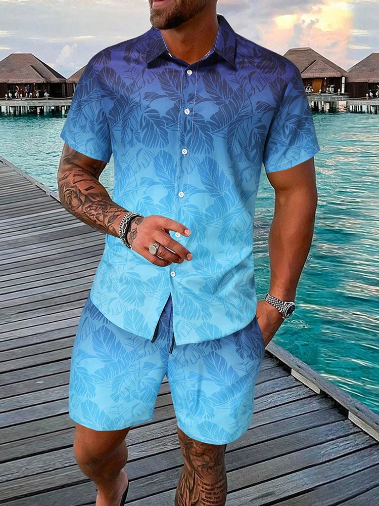 Mens Hawaiian Short sleeved and Beach Shorts Set Beach Resort el Mens Casual Summer Shirt Daily Mens Sports Shorts240807