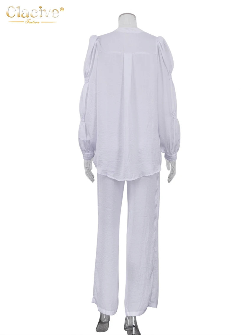 Clacive Sexy Loose White Womens 2 Piece Outfit Set 2024 Fashion Long Sleeve Lace-Up Shirt With High Waist Wide Pants Set Female 240813